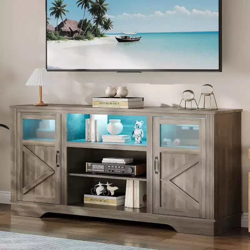 Meuble TV de ferme avec lumières LED, meuble de divertissement pour téléviseurs de 65 pouces, armoires de rangement et étagères ouvertes