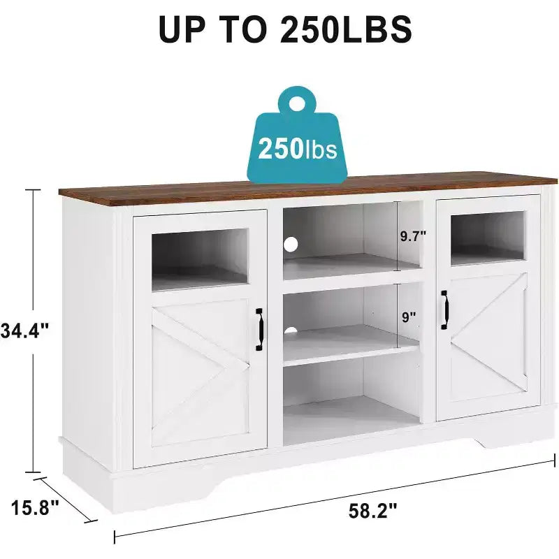 Meuble TV de ferme avec lumières LED, meuble de divertissement pour téléviseurs de 65 pouces, armoires de rangement et étagères ouvertes