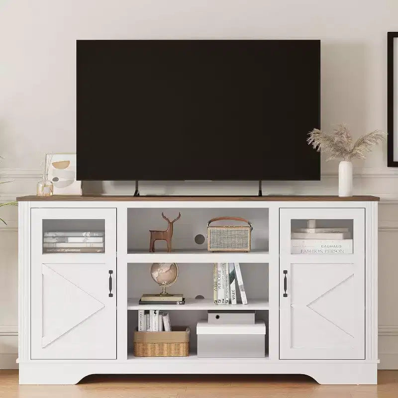 Meuble TV de ferme avec lumières LED, meuble de divertissement pour téléviseurs de 65 pouces, armoires de rangement et étagères ouvertes