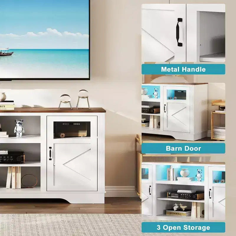 Meuble TV de ferme avec lumières LED, meuble de divertissement pour téléviseurs de 65 pouces, armoires de rangement et étagères ouvertes