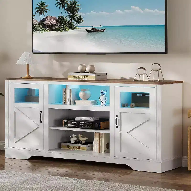Meuble TV de ferme avec lumières LED, meuble de divertissement pour téléviseurs de 65 pouces, armoires de rangement et étagères ouvertes