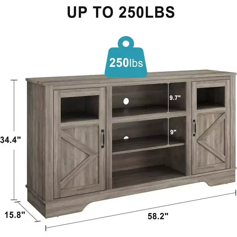 Meuble TV de ferme avec lumières LED, meuble de divertissement pour téléviseurs de 65 pouces, armoires de rangement et étagères ouvertes