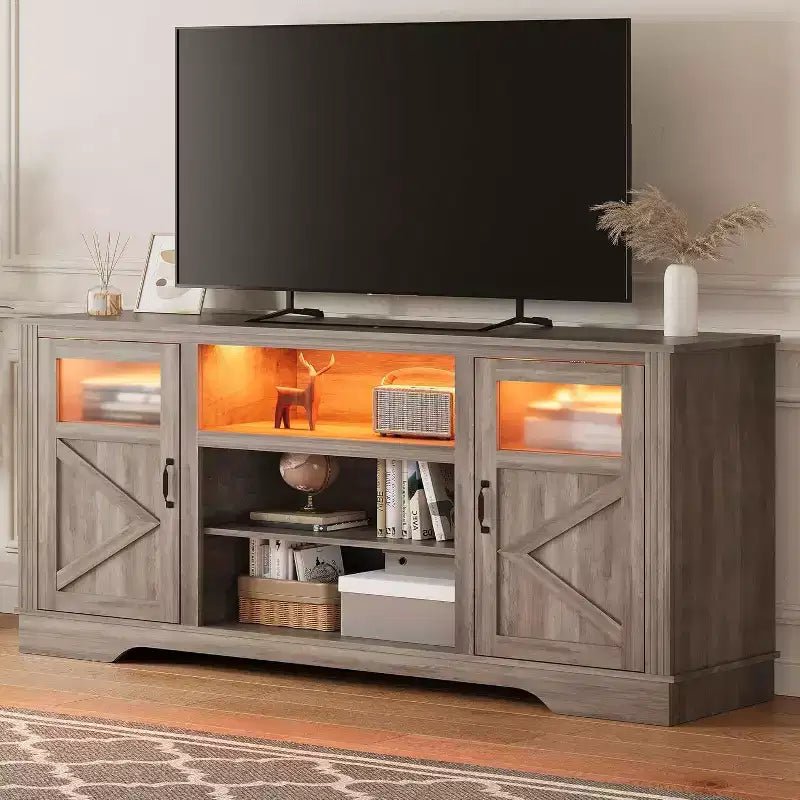 Meuble TV de ferme avec lumières LED, meuble de divertissement pour téléviseurs de 65 pouces, armoires de rangement et étagères ouvertes