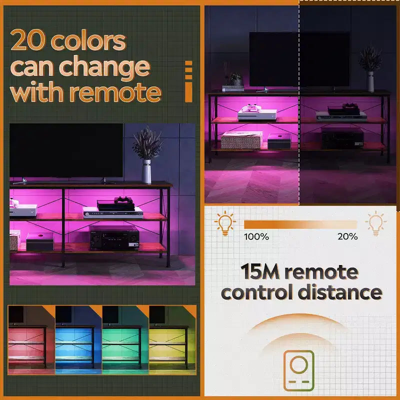 Meuble TV pour téléviseur de 65 à 70 pouces avec lumières LED, meuble TV industriel de divertissement de jeu, Greige