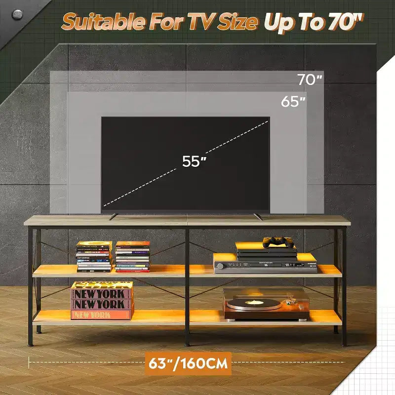Meuble TV pour téléviseur de 65 à 70 pouces avec lumières LED, meuble TV industriel de divertissement de jeu, Greige