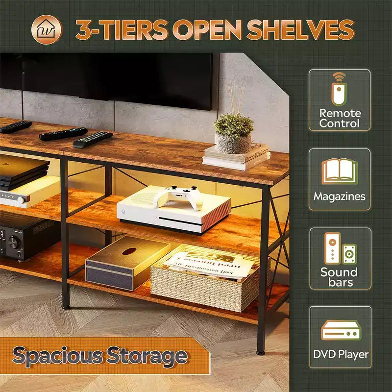 Meuble TV pour téléviseur de 65 à 70 pouces avec lumières LED, meuble TV industriel de divertissement de jeu, Greige