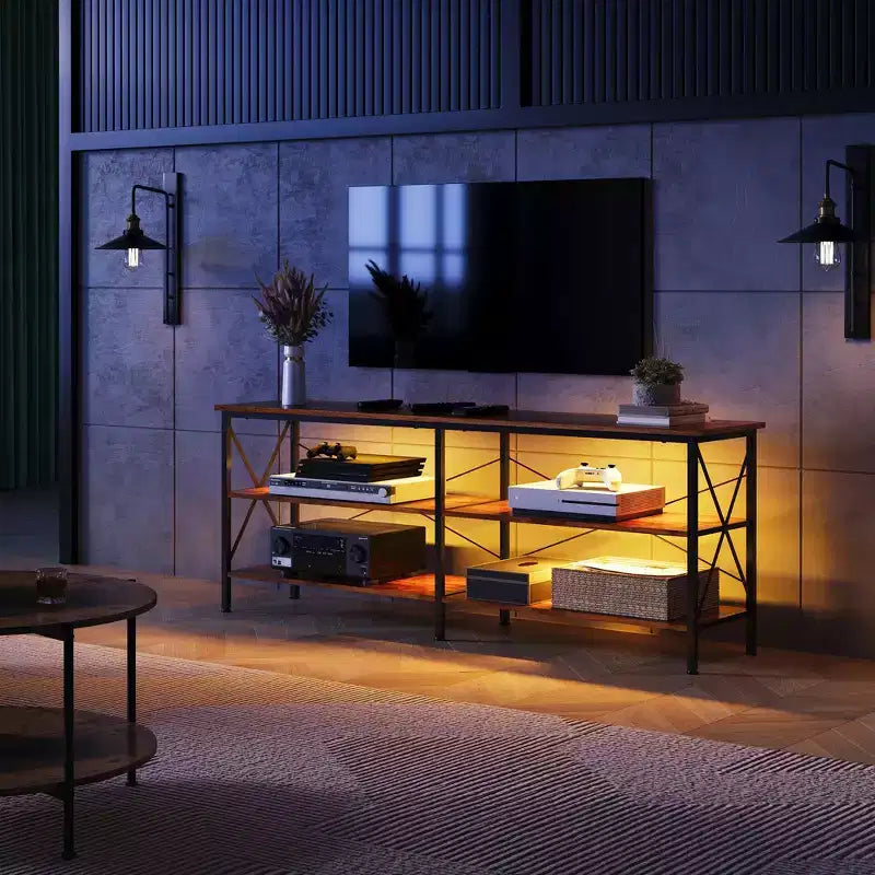 Meuble TV pour téléviseur de 65 à 70 pouces avec lumières LED, meuble TV industriel de divertissement de jeu, Greige