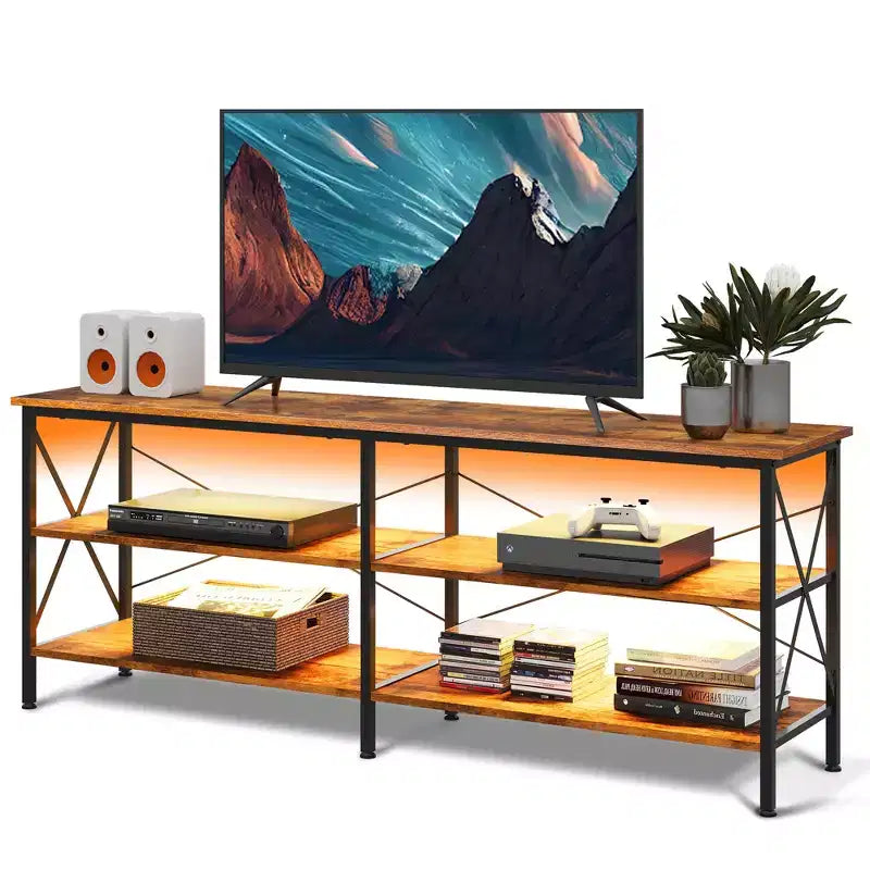 Meuble TV pour téléviseur de 65 à 70 pouces avec lumières LED, meuble TV industriel de divertissement de jeu, Greige