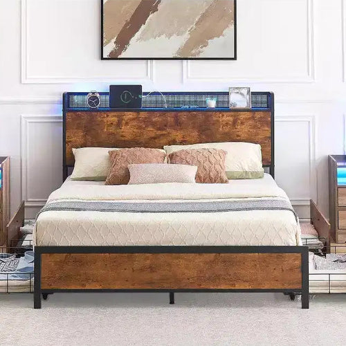 Acekool Bed Frame with Storage Drawers, LED Lights, Charging Station & Strong Wooden Slats