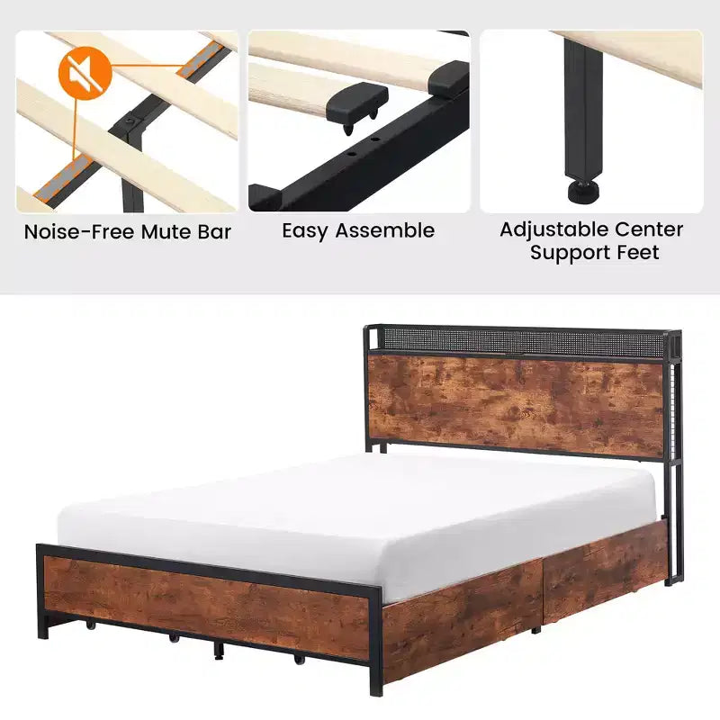 Cadre de lit avec tiroirs de rangement, lumières LED et station de charge, lattes en bois robustes