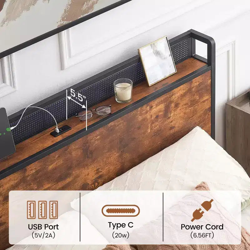 Cadre de lit avec tiroirs de rangement, lumières LED et station de charge, lattes en bois robustes