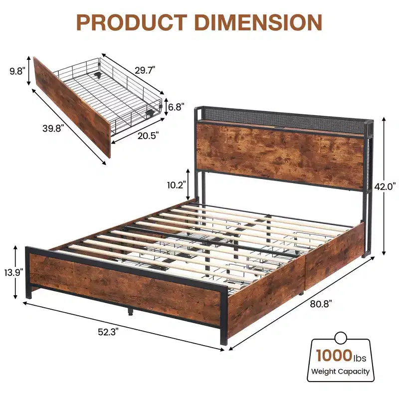 Cadre de lit avec tiroirs de rangement, lumières LED et station de charge, lattes en bois robustes