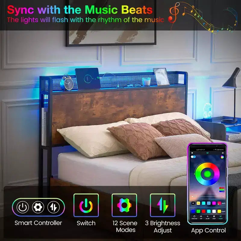 Cadre de lit avec tiroirs de rangement, lumières LED et station de charge, lattes en bois robustes
