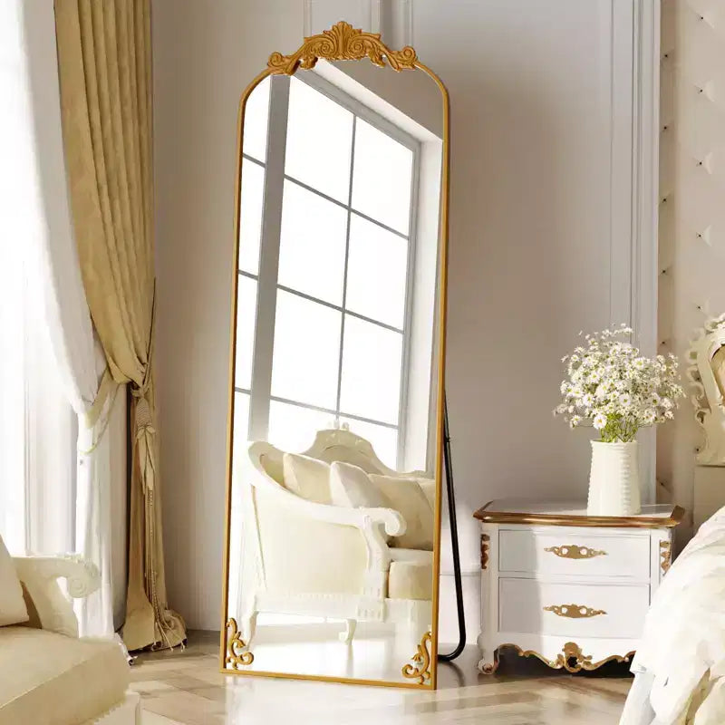 Grand miroir sur pied Baroque à arcades, cadre en aluminium de style vintage