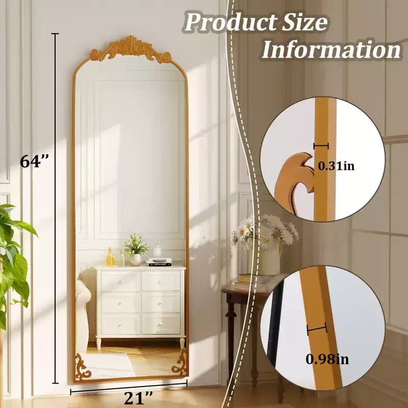 Grand miroir sur pied Baroque à arcades, cadre en aluminium de style vintage
