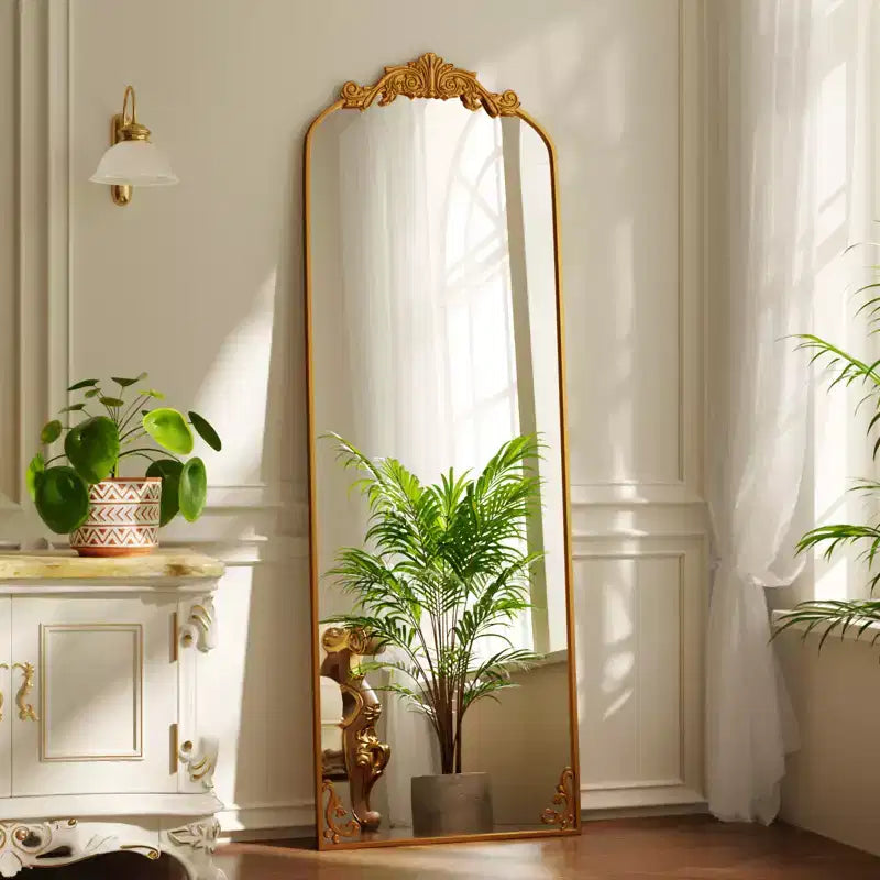 Grand miroir sur pied Baroque à arcades, cadre en aluminium de style vintage