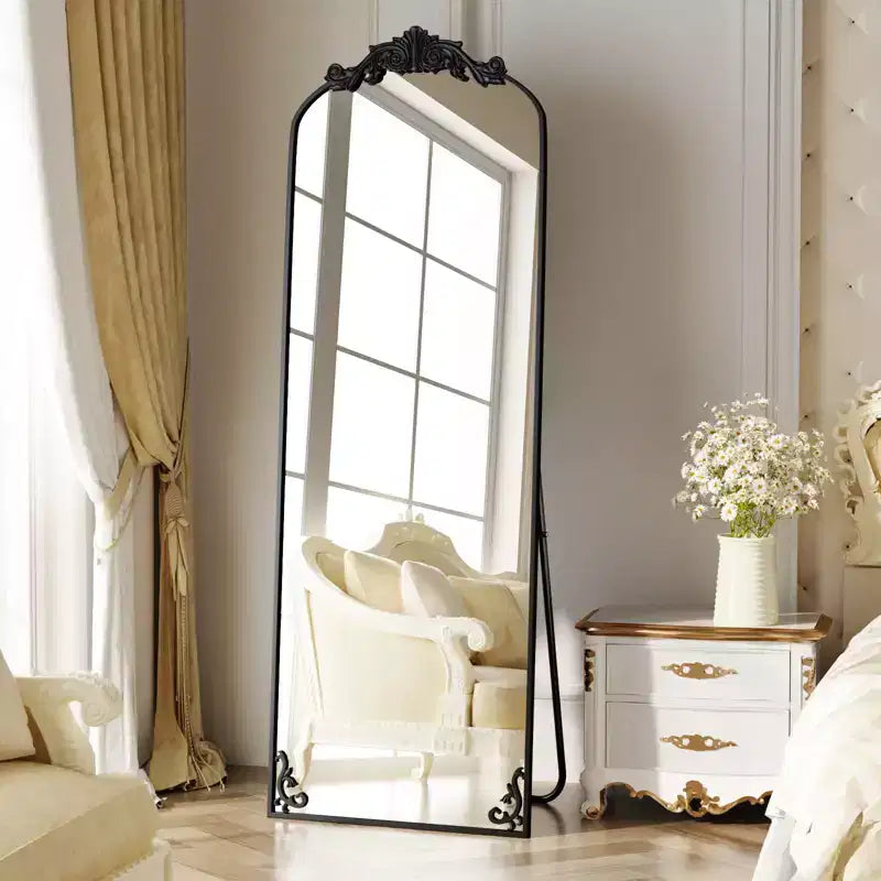 Grand miroir sur pied Baroque à arcades, cadre en aluminium de style vintage