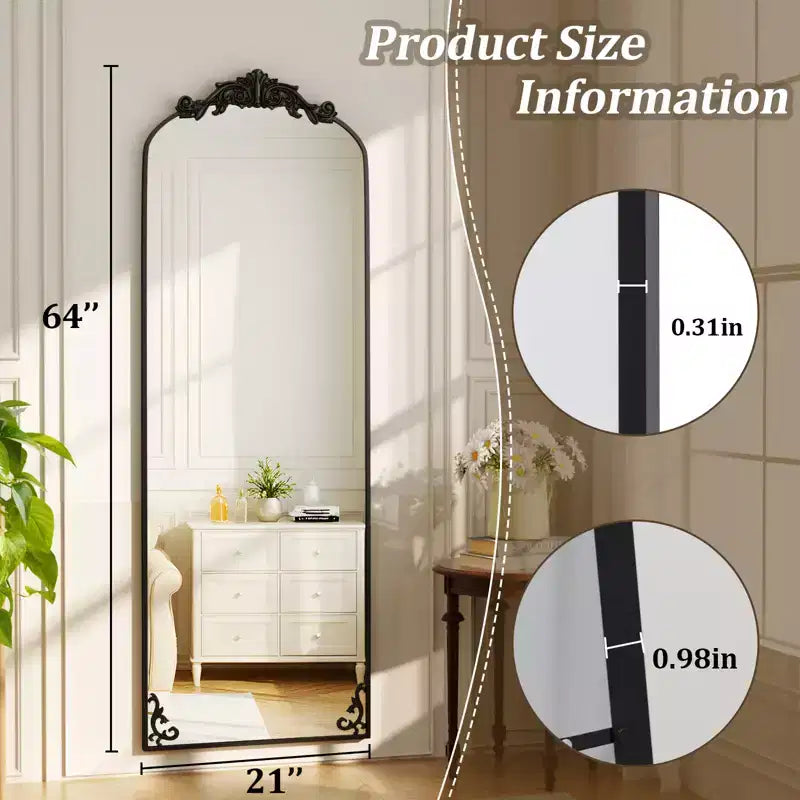 Grand miroir sur pied Baroque à arcades, cadre en aluminium de style vintage