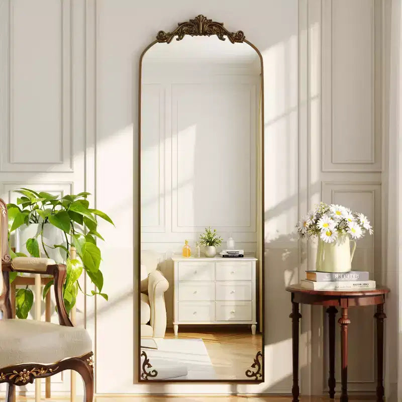 Grand miroir sur pied Baroque à arcades, cadre en aluminium de style vintage