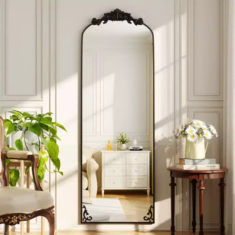 Grand miroir sur pied Baroque à arcades, cadre en aluminium de style vintage