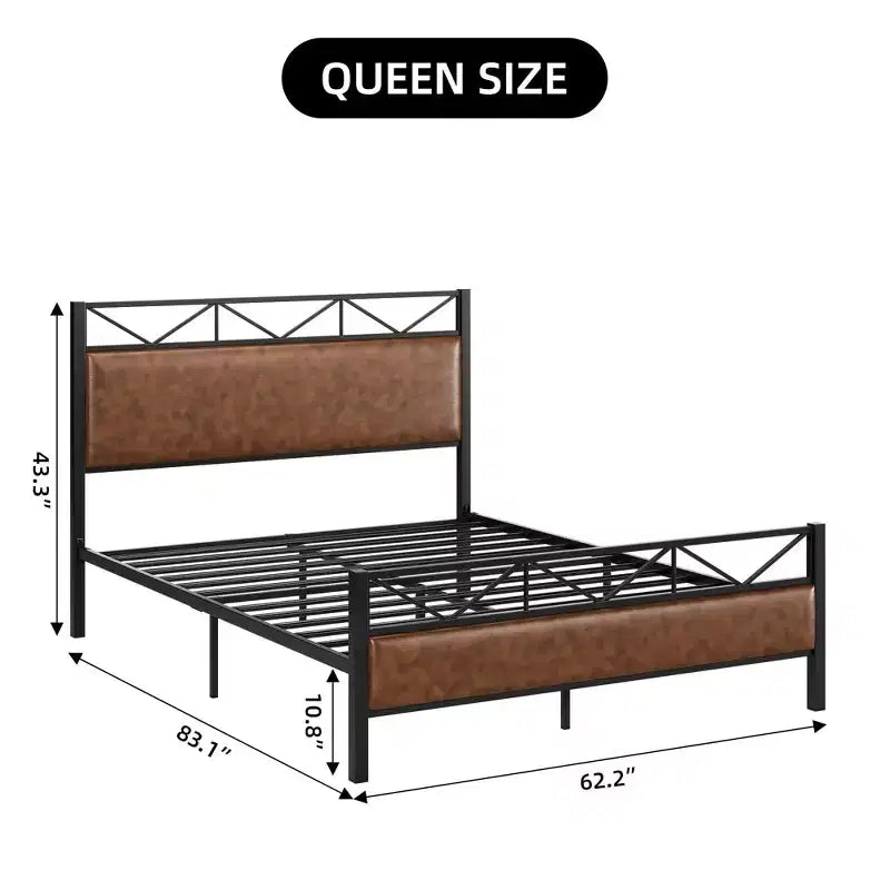 Cadre de lit plateforme King industriel avec tête de lit rembourrée, 14 lattes métalliques, rangement sous le lit de 11'', marron