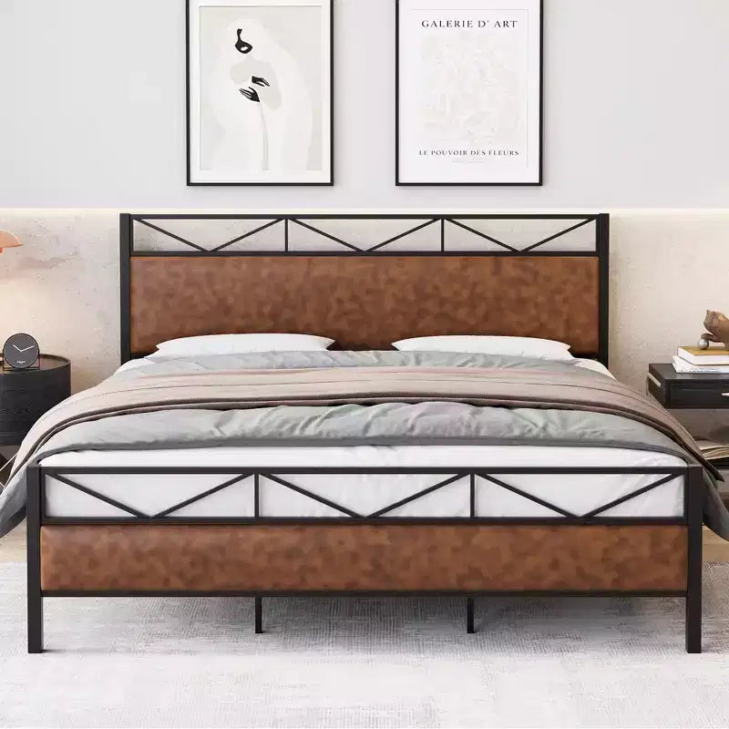 Cadre de lit plateforme King industriel avec tête de lit rembourrée, 14 lattes métalliques, rangement sous le lit de 11'', marron