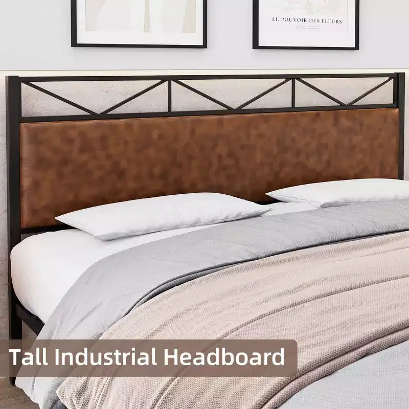 Cadre de lit plateforme King industriel avec tête de lit rembourrée, 14 lattes métalliques, rangement sous le lit de 11'', marron