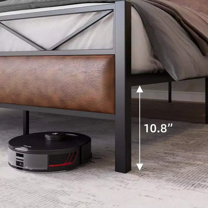 Cadre de lit plateforme King industriel avec tête de lit rembourrée, 14 lattes métalliques, rangement sous le lit de 11'', marron