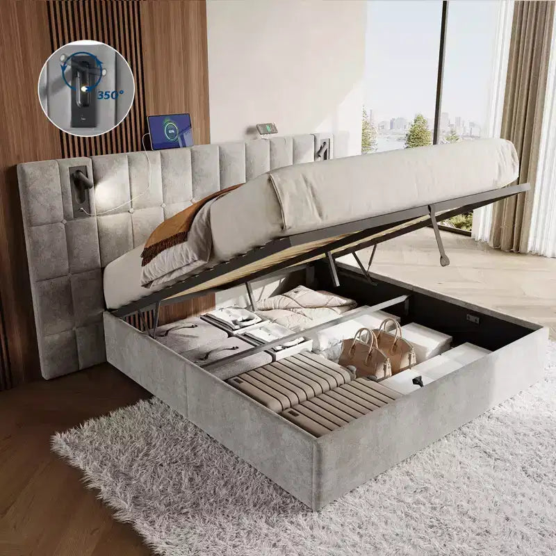 Cadre de lit King tapissé avec tête de lit large, rangement relevable et lumière intégrée, velours