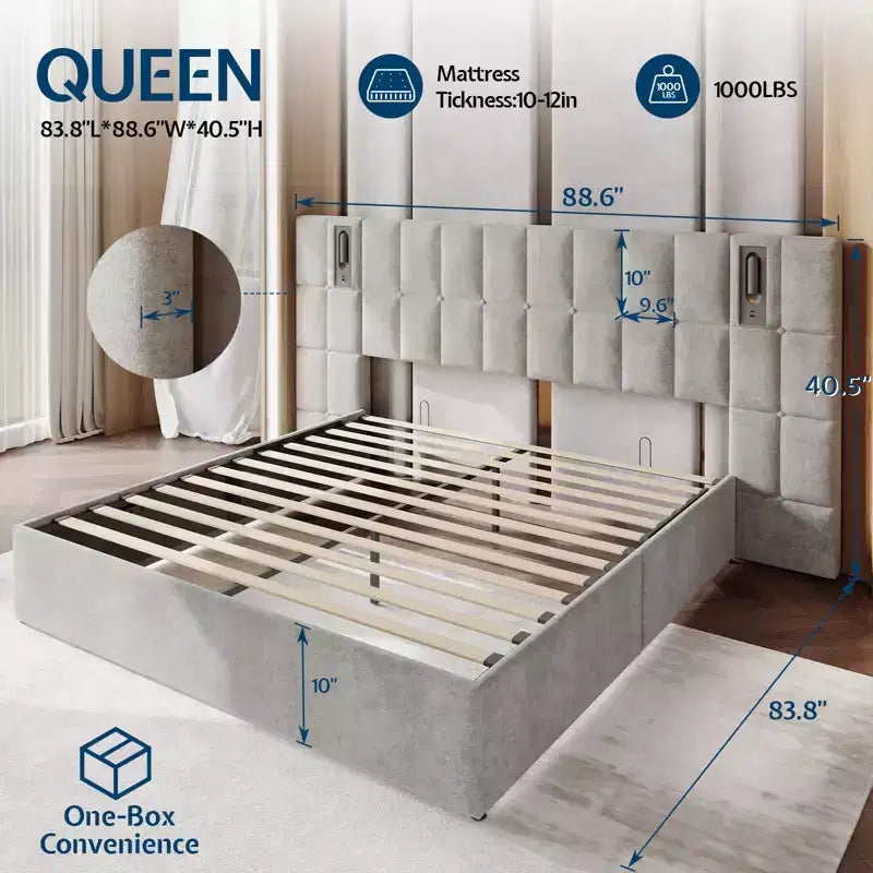 Cadre de lit King tapissé avec tête de lit large, rangement relevable et lumière intégrée, velours