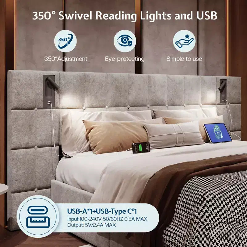 Cadre de lit King tapissé avec tête de lit large, rangement relevable et lumière intégrée, velours