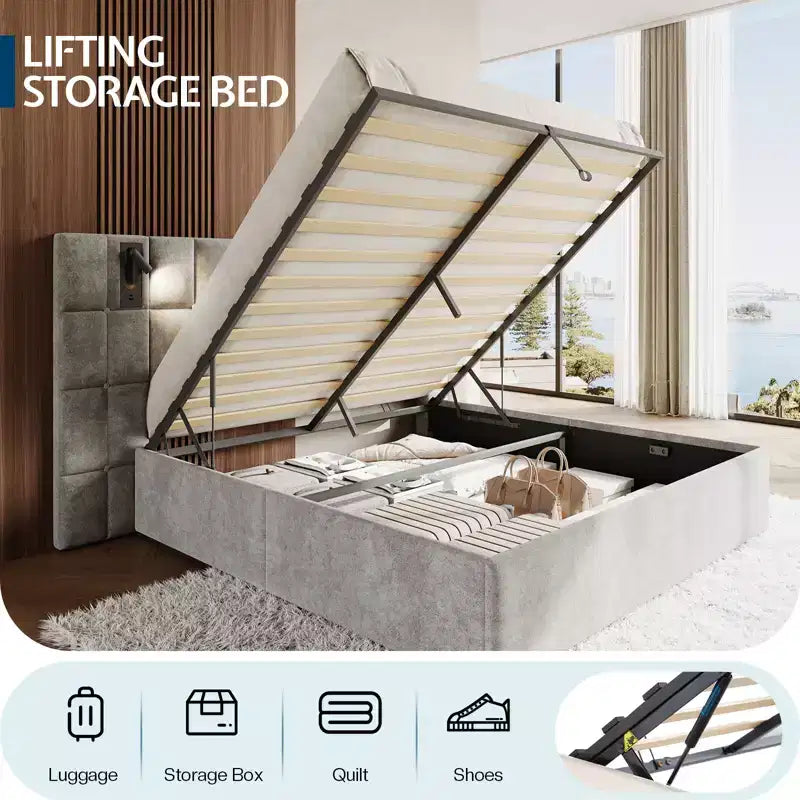 Cadre de lit King tapissé avec tête de lit large, rangement relevable et lumière intégrée, velours