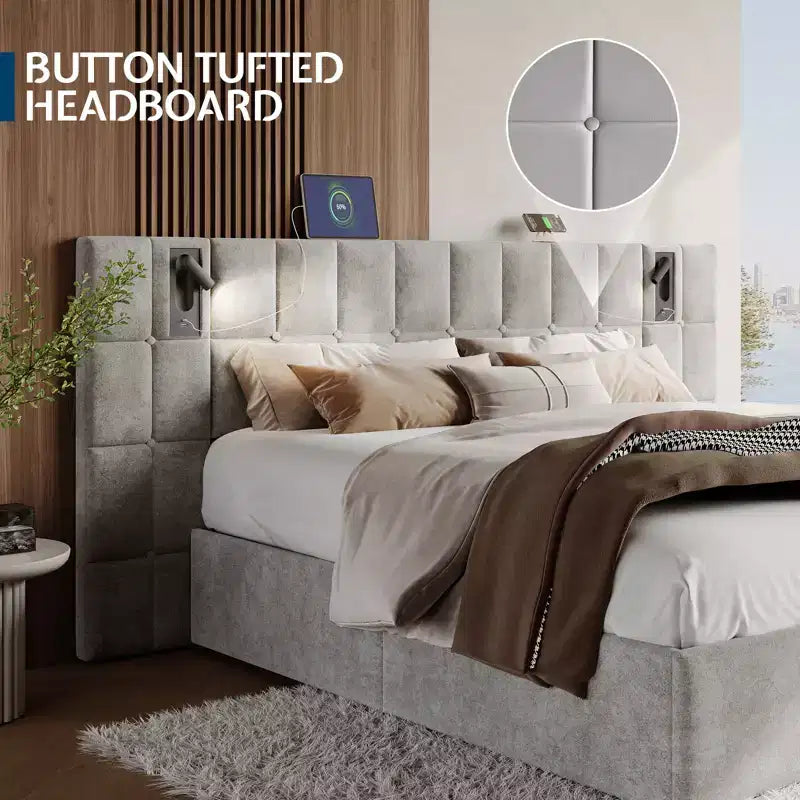 Cadre de lit King tapissé avec tête de lit large, rangement relevable et lumière intégrée, velours
