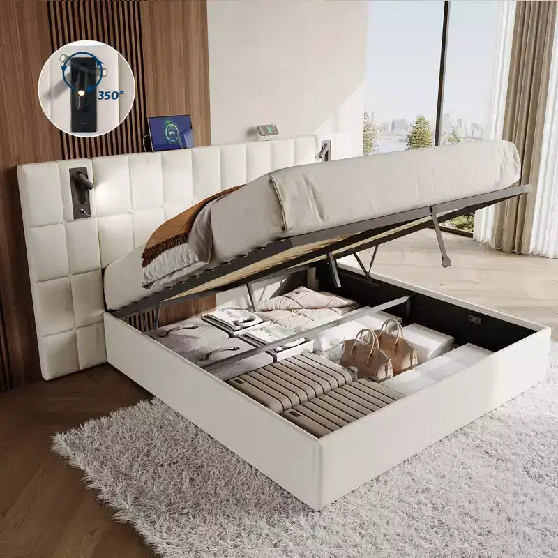 Cadre de lit King tapissé avec tête de lit large, rangement relevable et lumière intégrée, velours