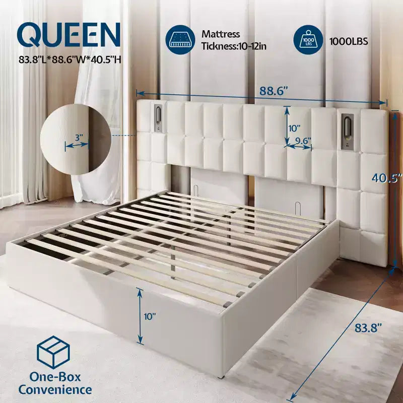 Cadre de lit King tapissé avec tête de lit large, rangement relevable et lumière intégrée, velours