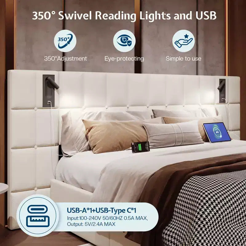 Cadre de lit King tapissé avec tête de lit large, rangement relevable et lumière intégrée, velours