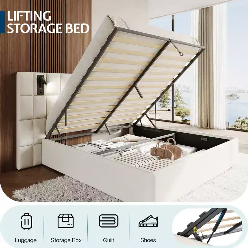 Cadre de lit King tapissé avec tête de lit large, rangement relevable et lumière intégrée, velours