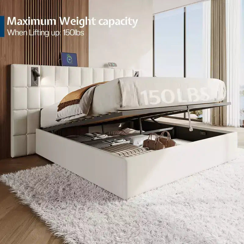 Cadre de lit King tapissé avec tête de lit large, rangement relevable et lumière intégrée, velours