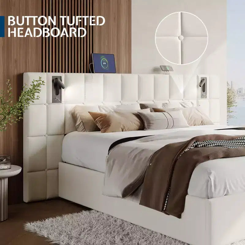 Cadre de lit King tapissé avec tête de lit large, rangement relevable et lumière intégrée, velours