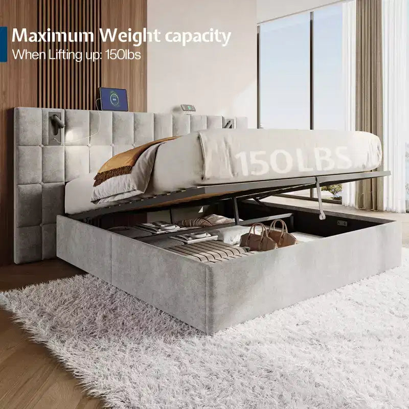 Cadre de lit King tapissé avec tête de lit large, rangement relevable et lumière intégrée, velours