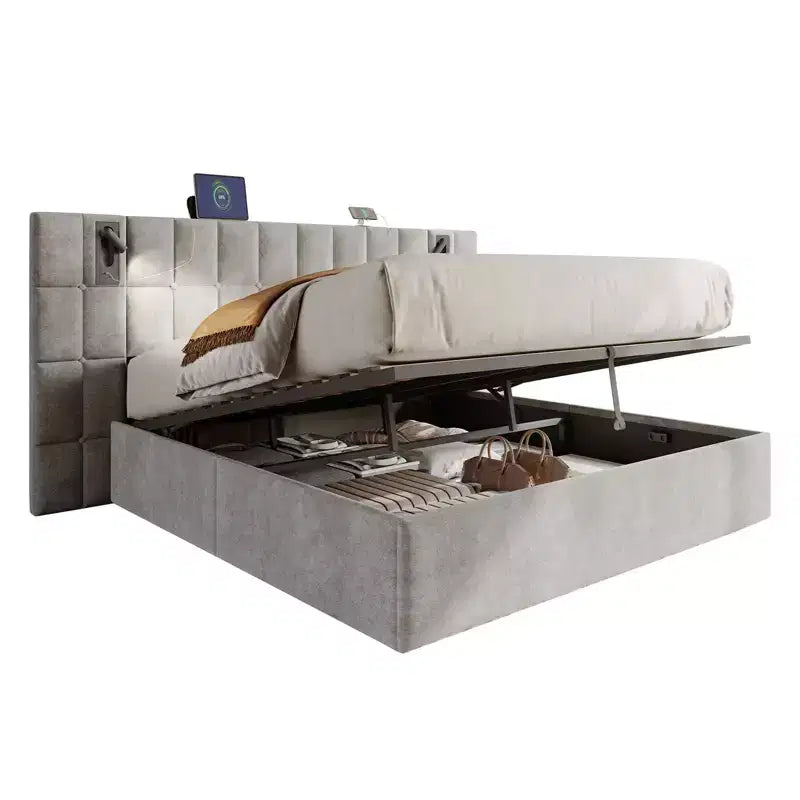 Cadre de lit King tapissé avec tête de lit large, rangement relevable et lumière intégrée, velours