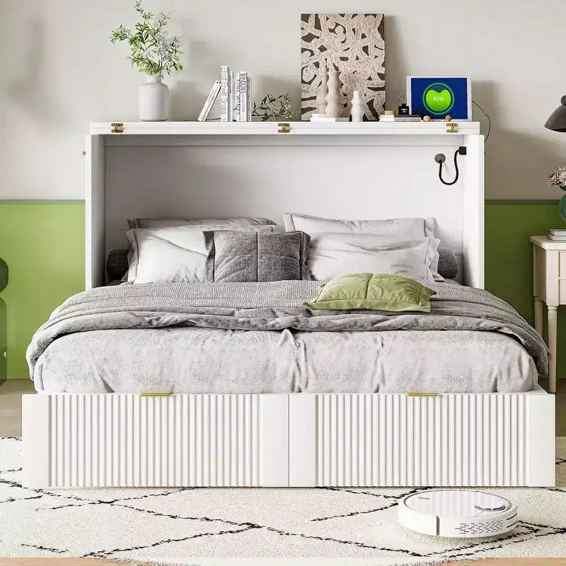 Lit escamotable double avec tiroir, prises et ports USB, conception à structure de poulie