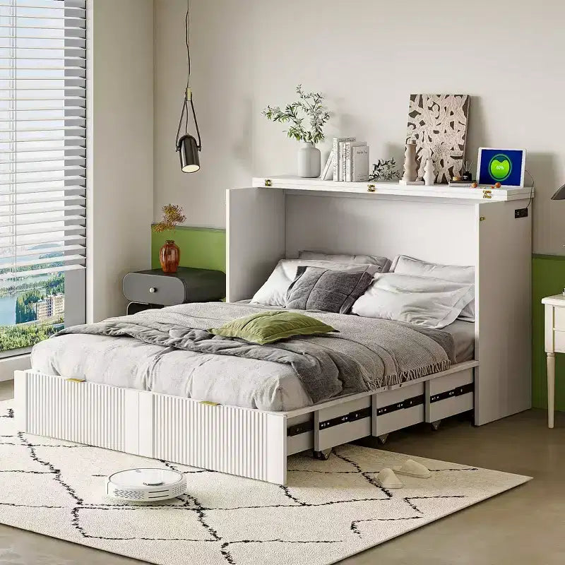 Lit escamotable double avec tiroir, prises et ports USB, conception à structure de poulie