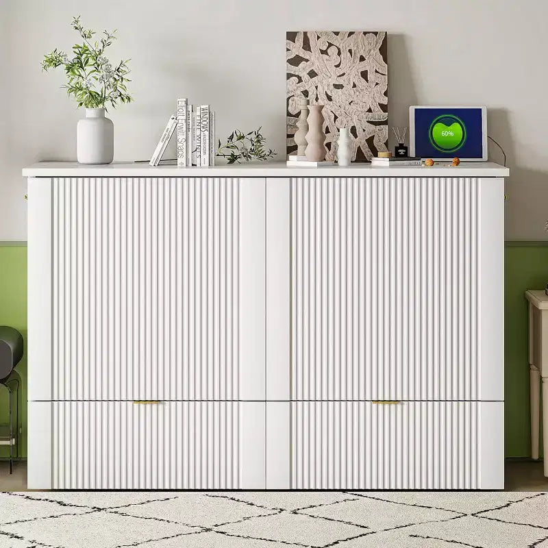 Lit escamotable double avec tiroir, prises et ports USB, conception à structure de poulie
