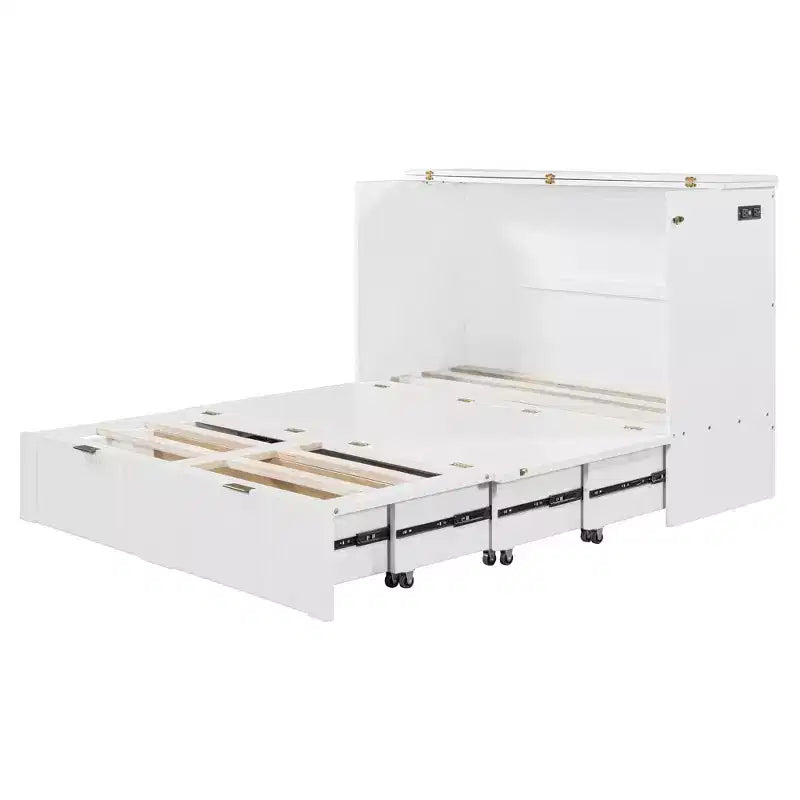 Lit escamotable double avec tiroir, prises et ports USB, conception à structure de poulie