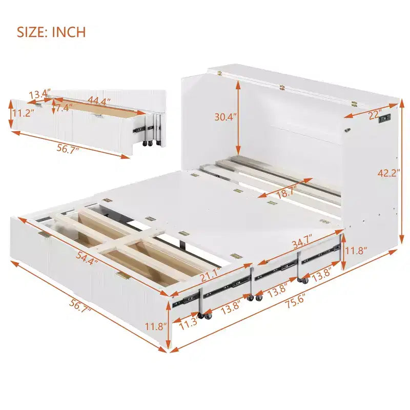 Lit escamotable double avec tiroir, prises et ports USB, conception à structure de poulie