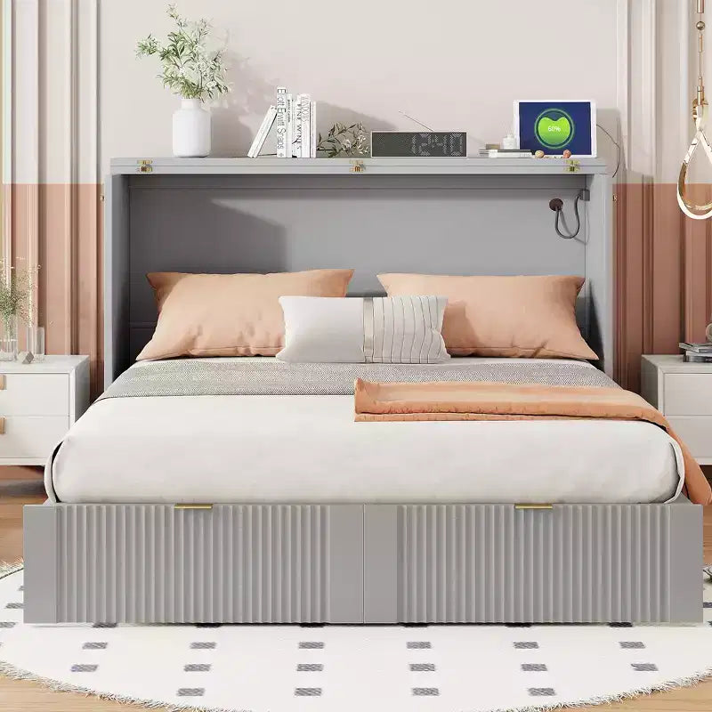 Lit escamotable double avec tiroir, prises et ports USB, conception à structure de poulie