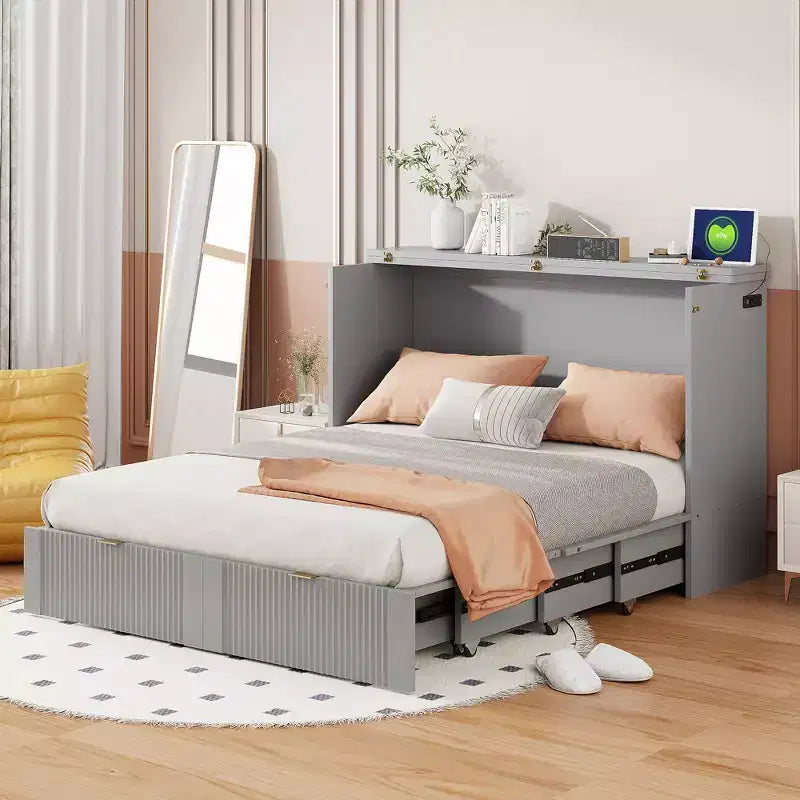 Lit escamotable double avec tiroir, prises et ports USB, conception à structure de poulie