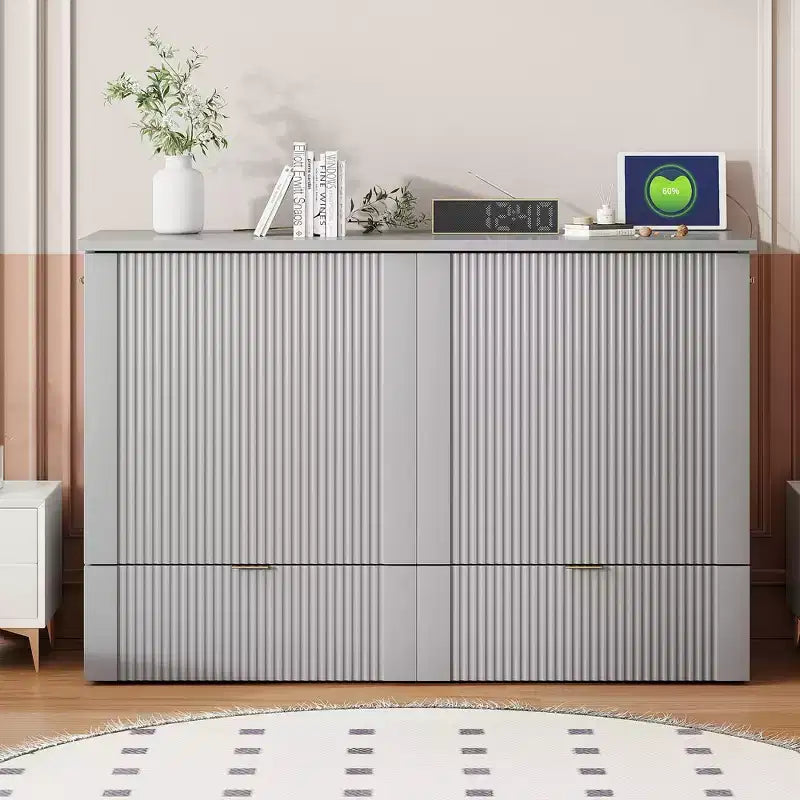 Lit escamotable double avec tiroir, prises et ports USB, conception à structure de poulie