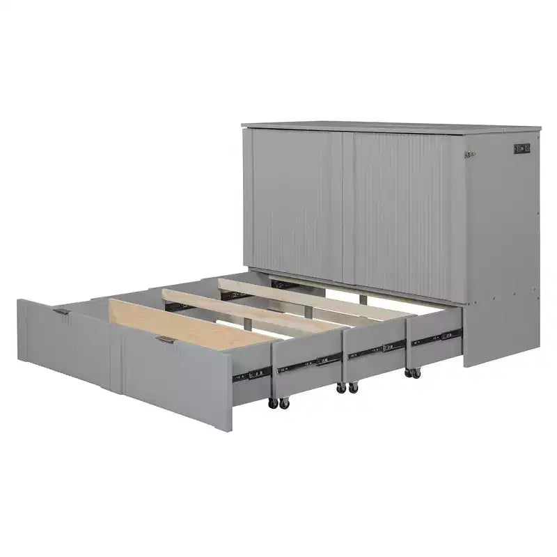 Lit escamotable double avec tiroir, prises et ports USB, conception à structure de poulie